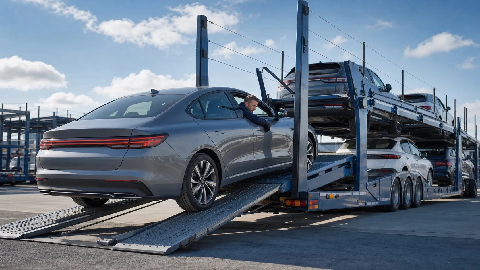 Водитель аккуратно загоняет современный китайский автомобиль на платформу автовоза