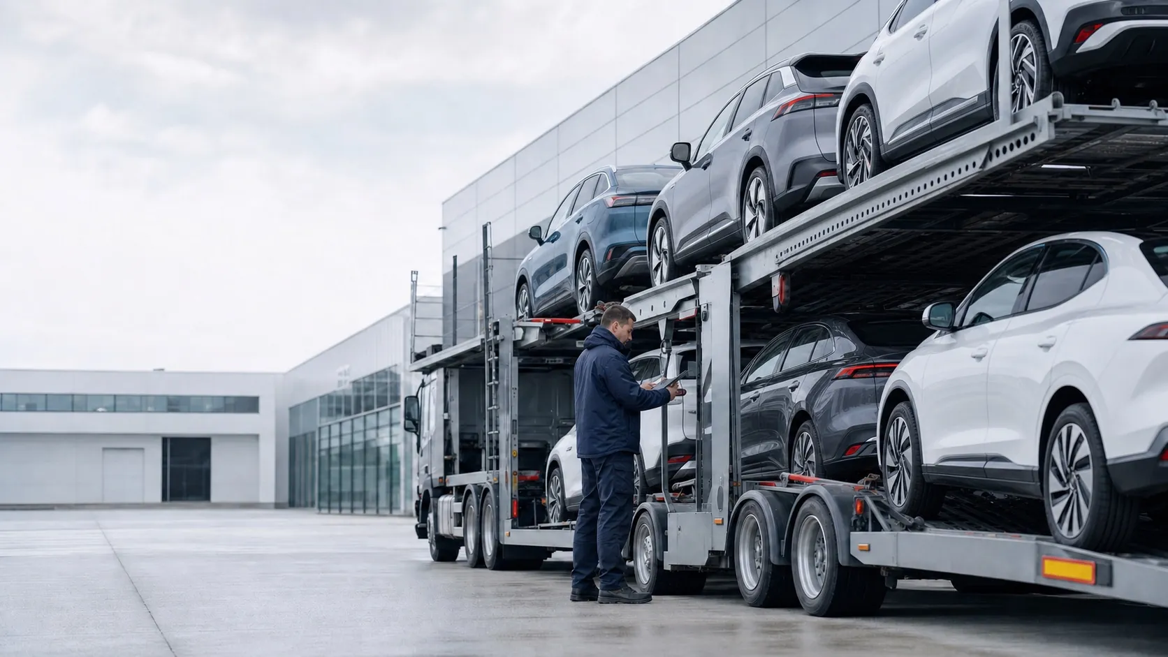Специалист проверяет состояние автомобилей и документы перед отправкой автовоза